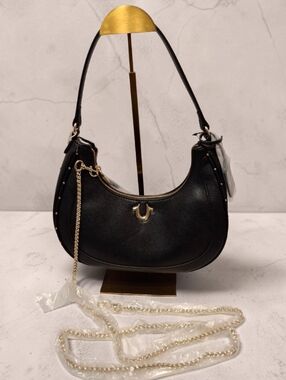 True Religion Black Faux Leather Crescent Shoulder Bag with Gold Hardware NWT